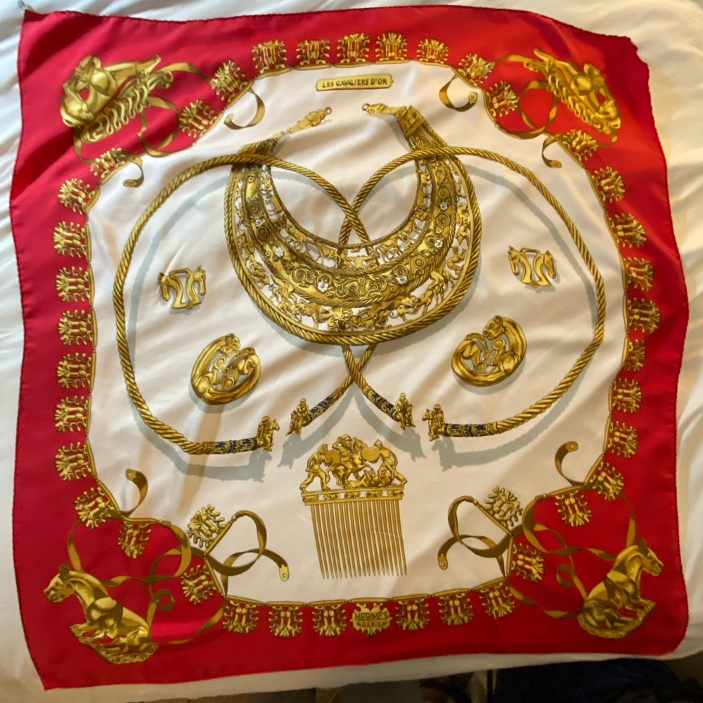 Hermes vintage Red and Gold Silk Scarf